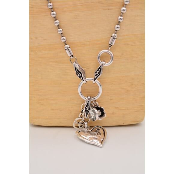 Chunky Charm Pendant Necklace Shiny Silver Tone Ball Heart Hammered Chain Bin2 - Picture 7 of 12
